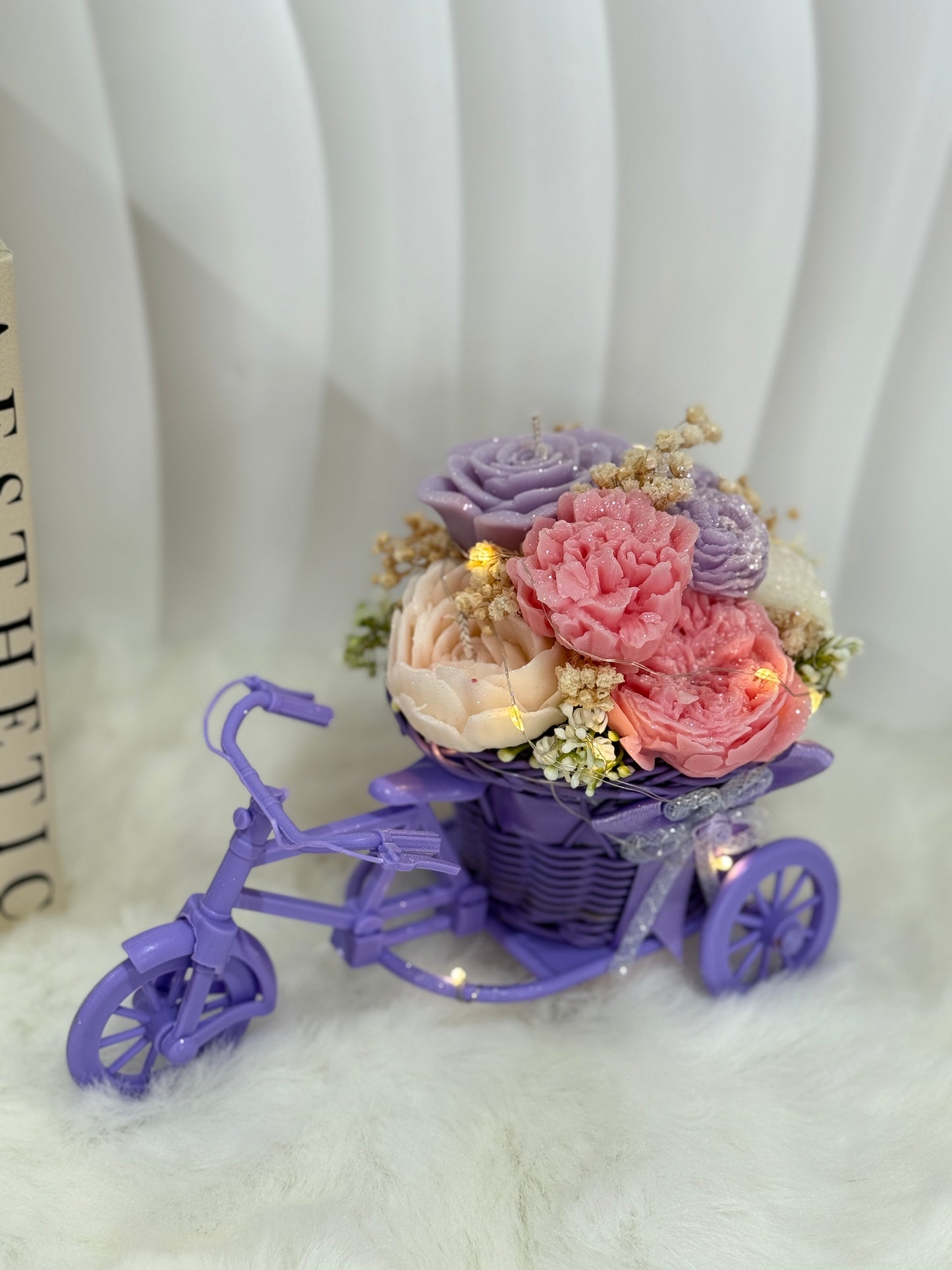 Elegant Candle Flower Bouquet in Mini Tricycle Basket Vase – Decorative Centerpiece & Storage Display