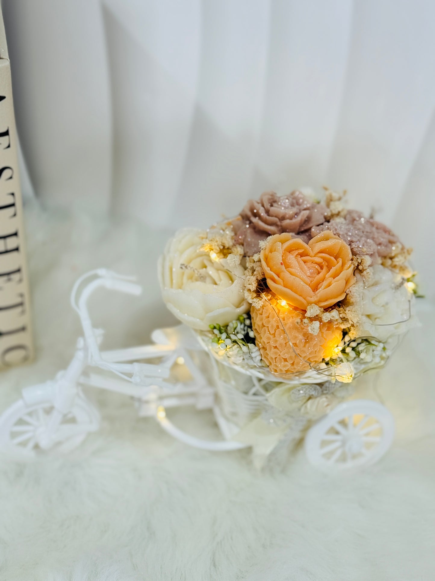 Elegant Candle Flower Bouquet in Mini Tricycle Basket Vase – Decorative Centerpiece & Storage Display