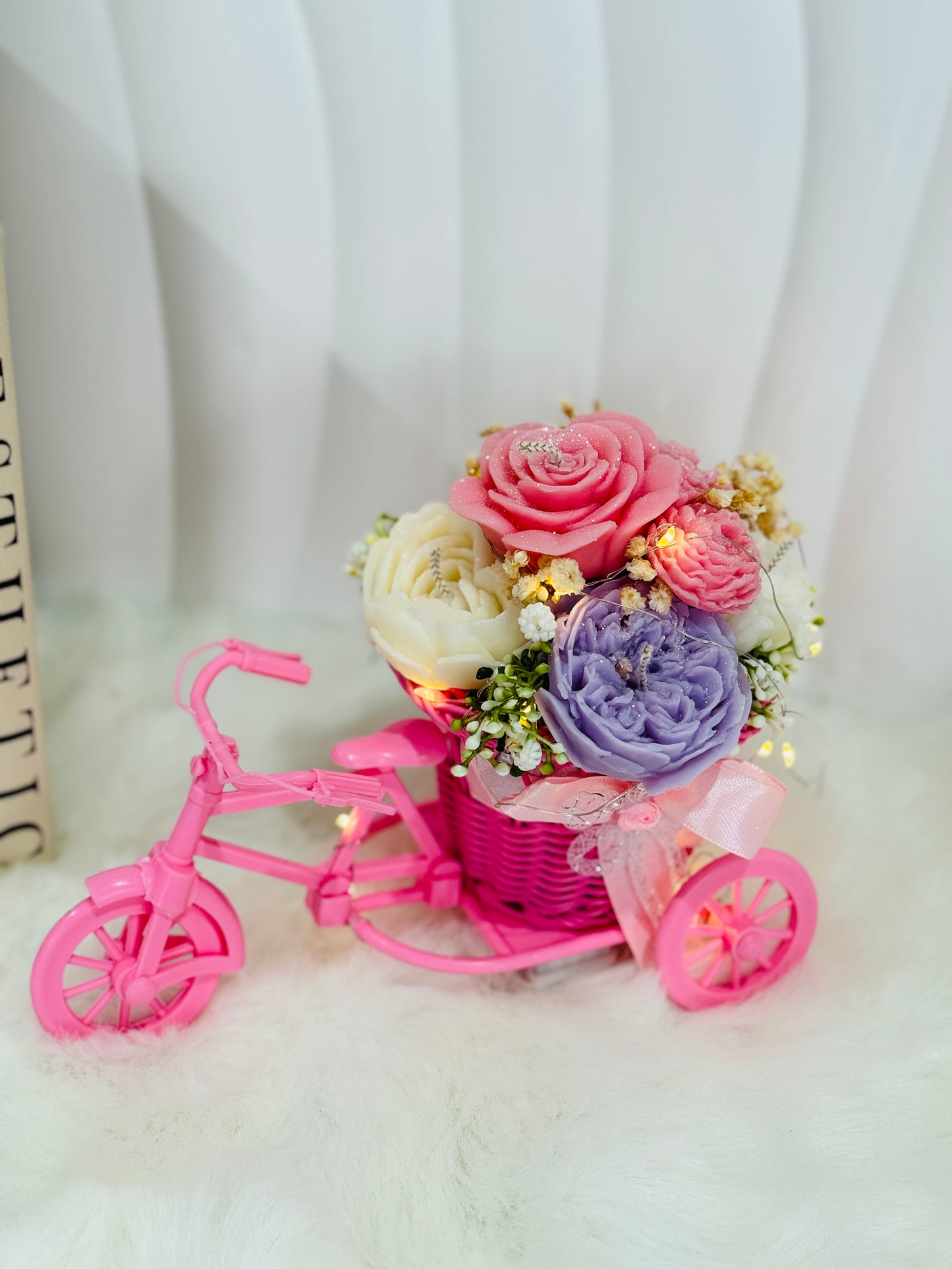 Elegant Candle Flower Bouquet in Mini Tricycle Basket Vase – Decorative Centerpiece & Storage Display