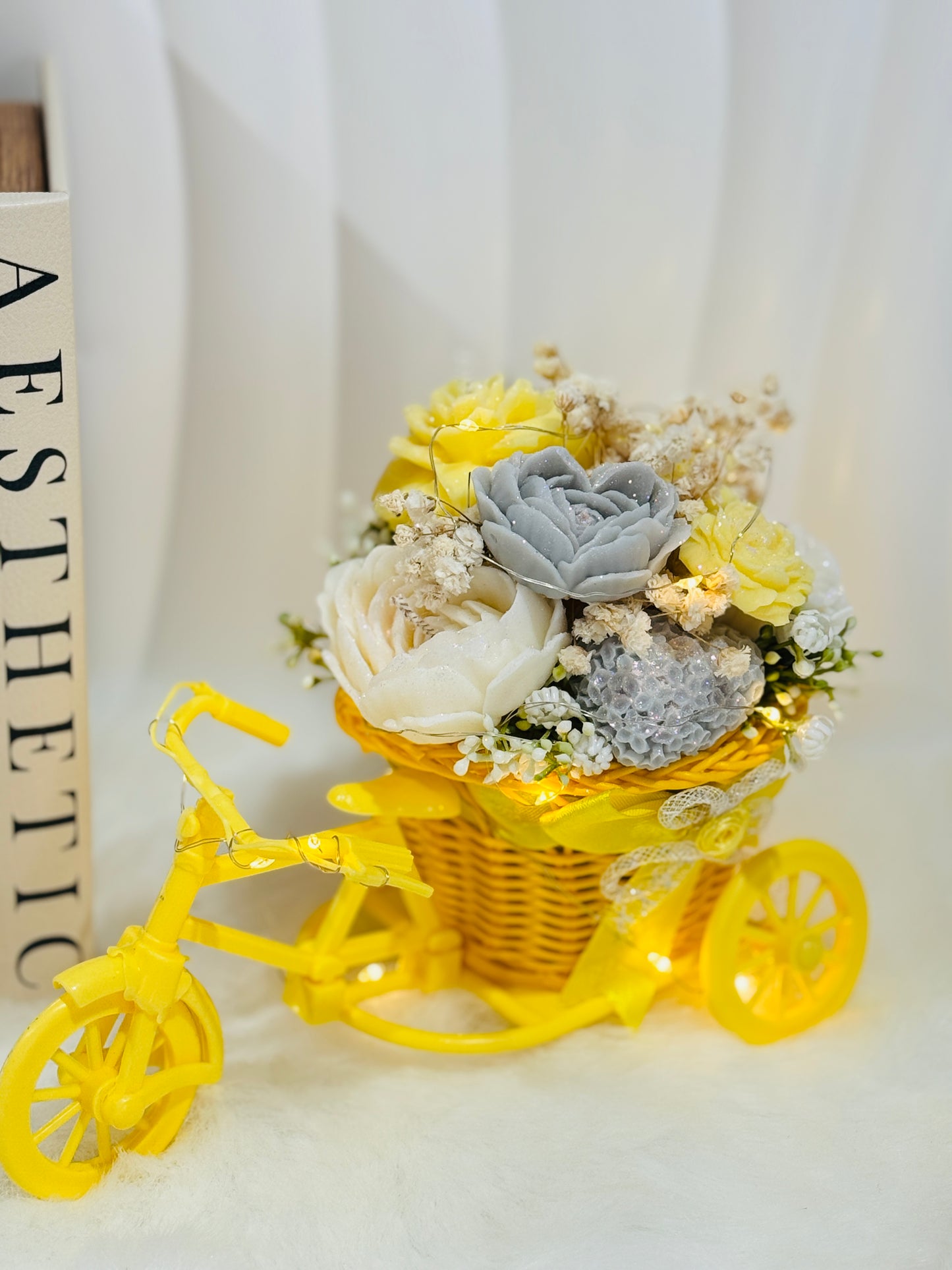 Elegant Candle Flower Bouquet in Mini Tricycle Basket Vase – Decorative Centerpiece & Storage Display
