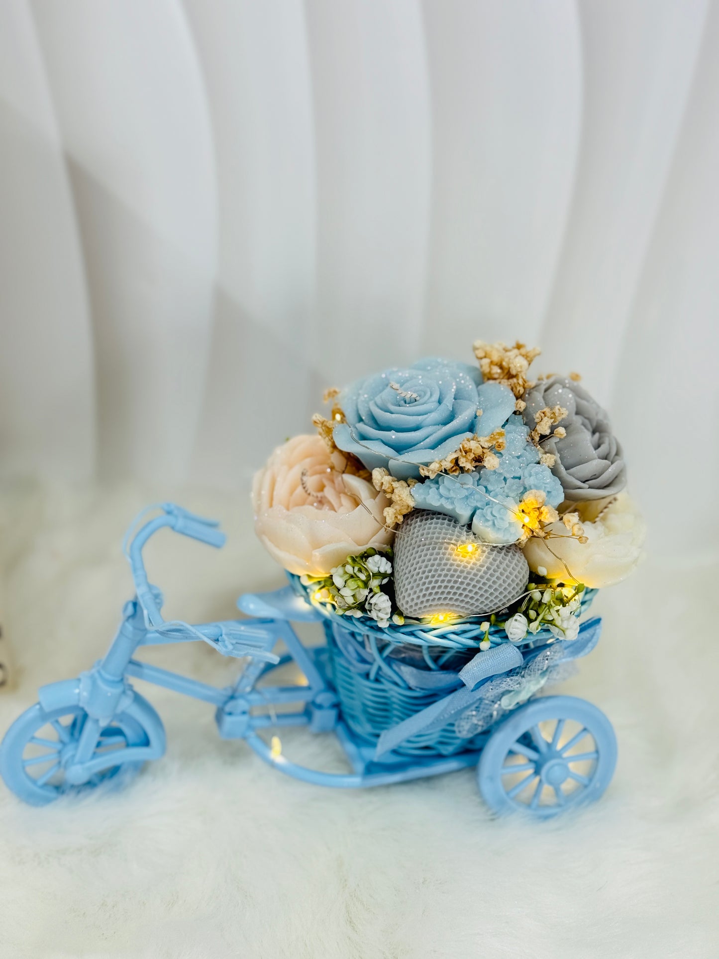 Elegant Candle Flower Bouquet in Mini Tricycle Basket Vase – Decorative Centerpiece & Storage Display