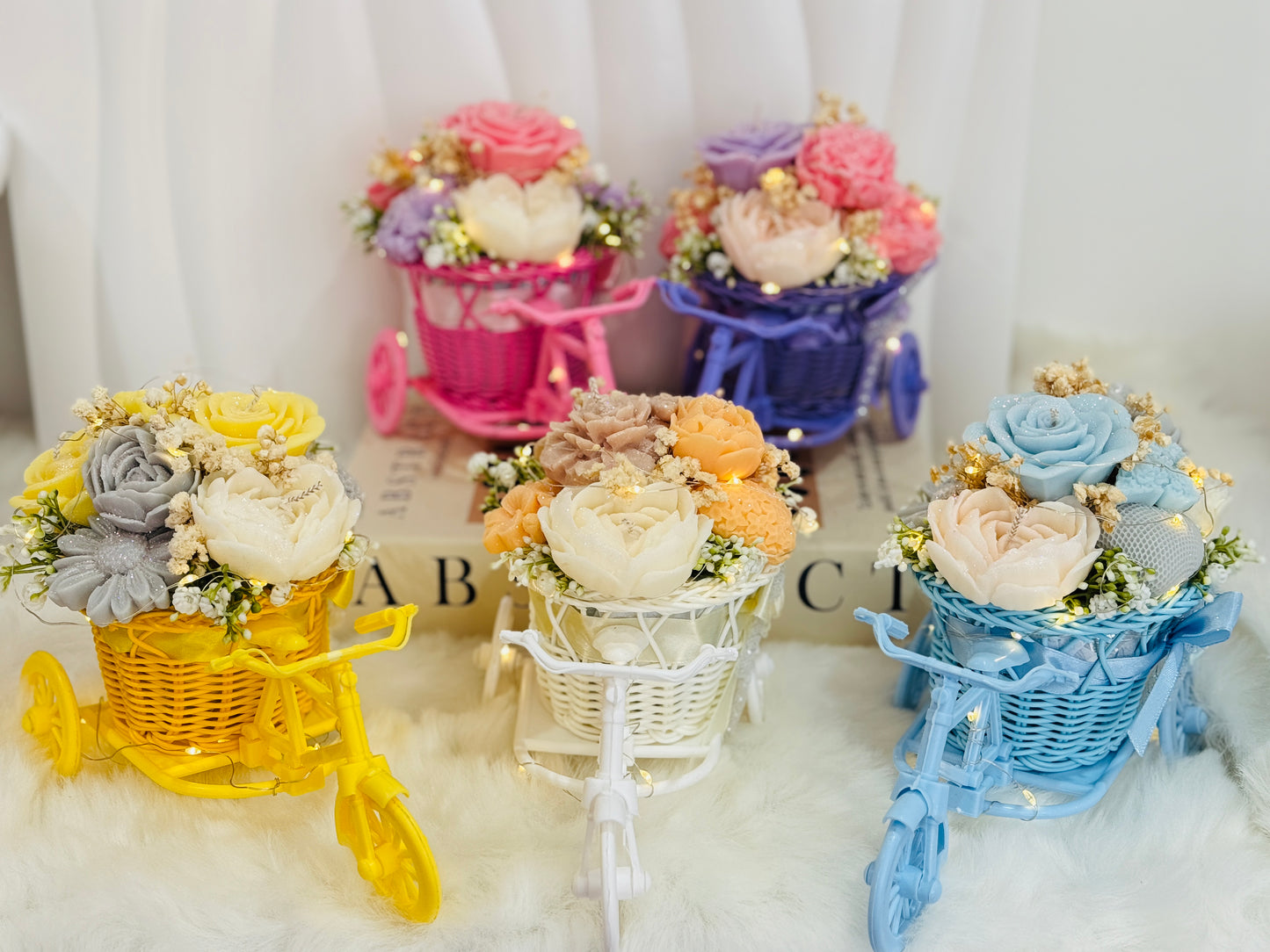 Elegant Candle Flower Bouquet in Mini Tricycle Basket Vase – Decorative Centerpiece & Storage Display
