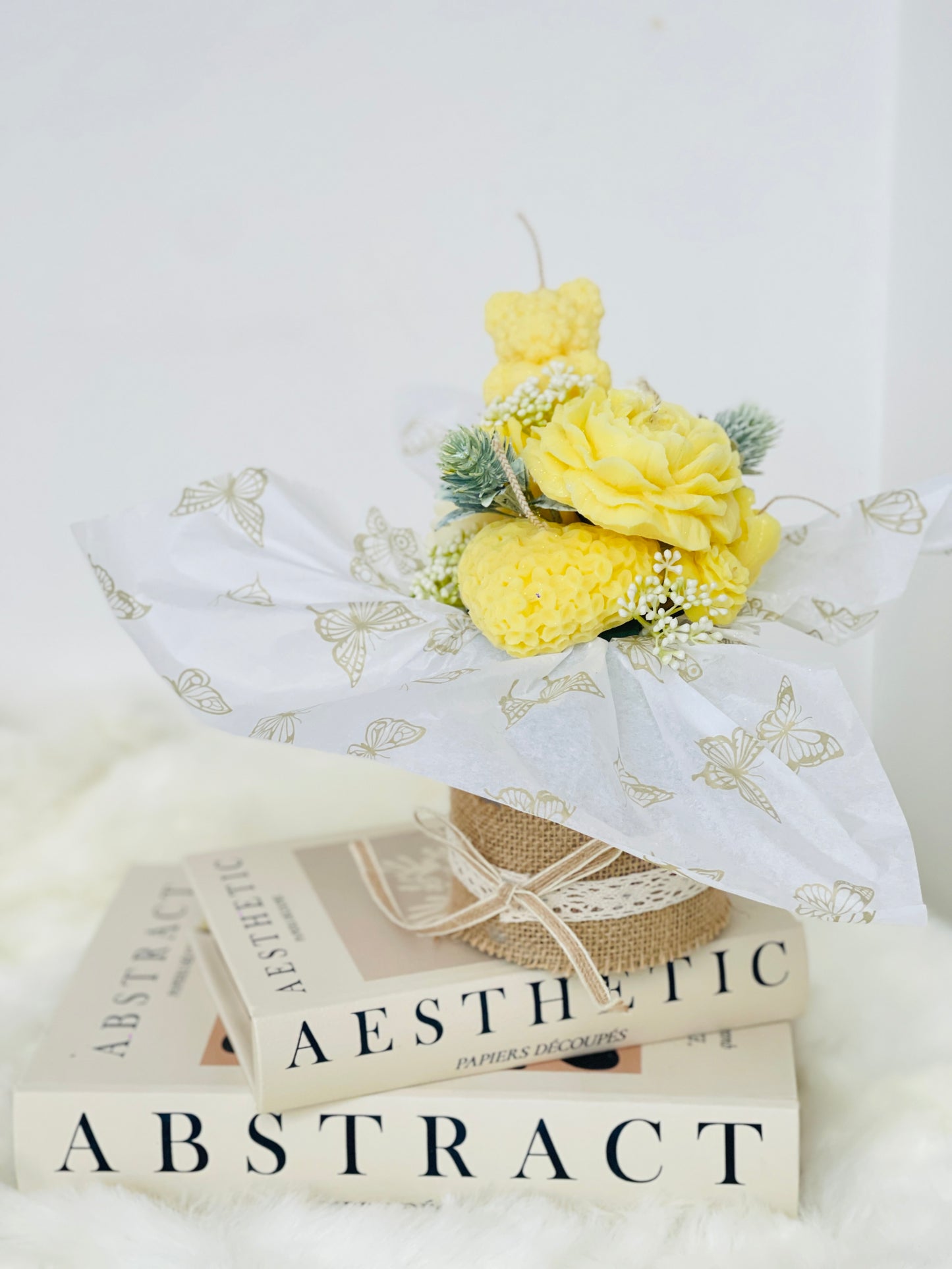 Handmade Soy Wax Yellow Flower Candle Bouquet with Dried Flowers - Perfect Gift Idea
