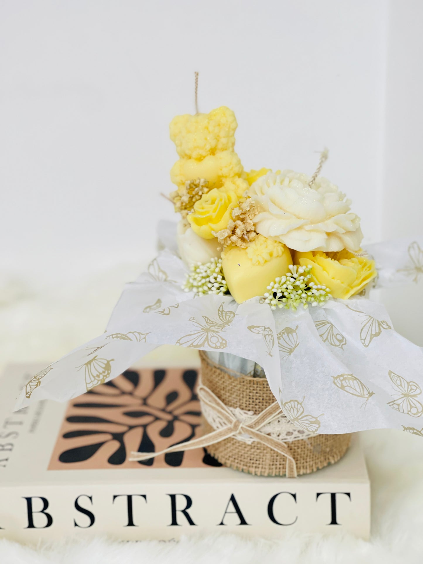 Handmade Soy Wax Yellow Flower Candle Bouquet with Dried Flowers - Perfect Gift Idea