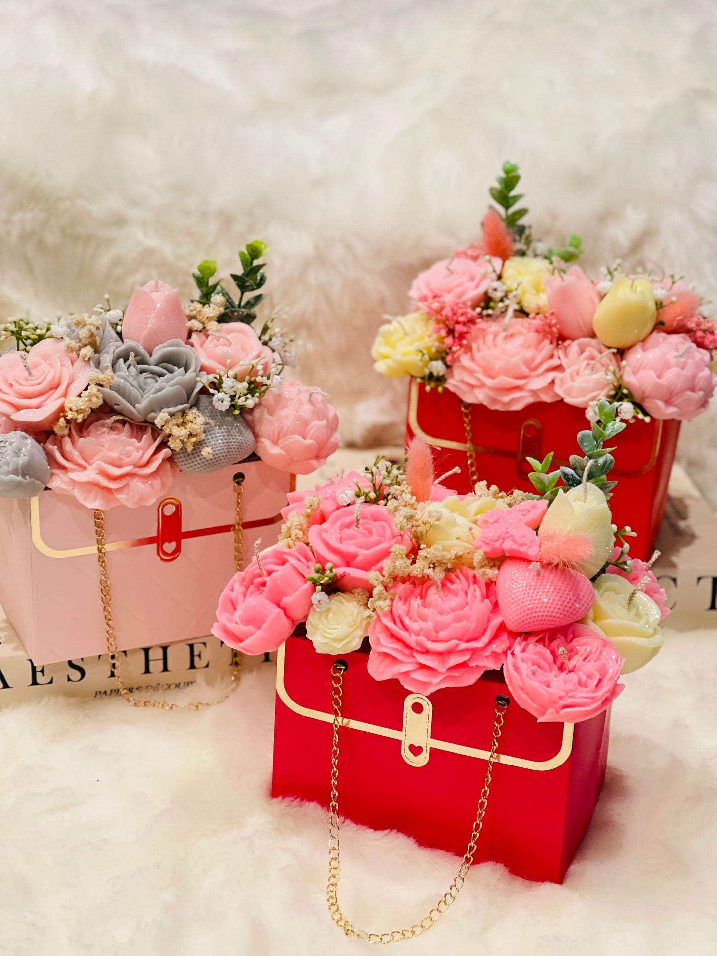 Scented Soy Pillar wax candles | Red Bag Flowers Gift | Luxury gift idea | Handmade