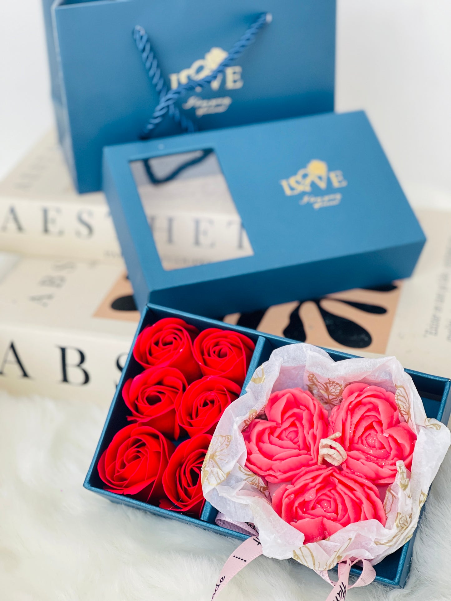 Handmade Valentine Day Candle Bouquet with Artificial Rose Flowers in the gift box - Vegan & Cruelty Free - Decoration, Ornaments, Freshener, Perfume, Aroma