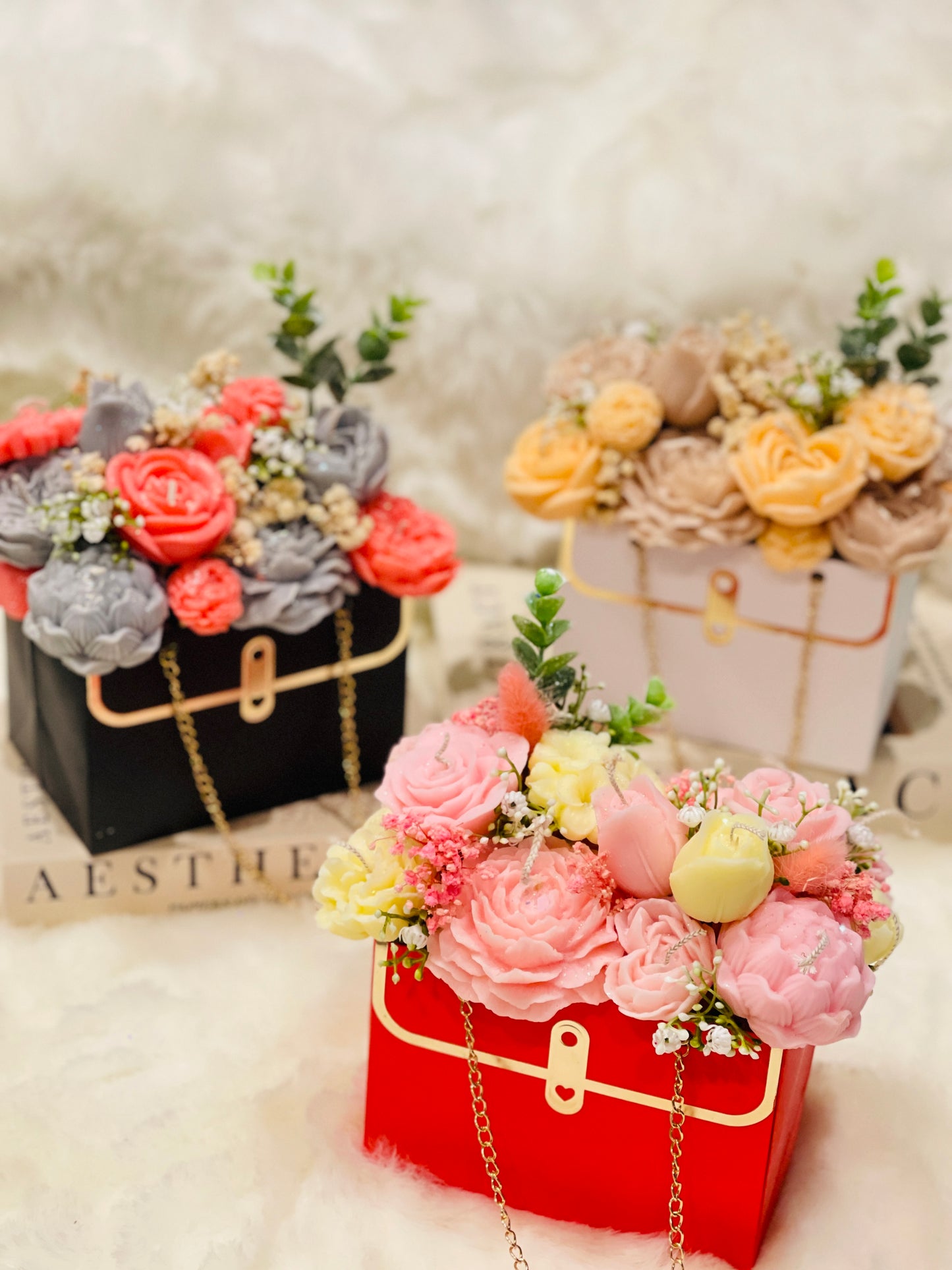 Scented Soy Pillar wax candles | Red Bag Flowers Gift | Luxury gift idea | Handmade