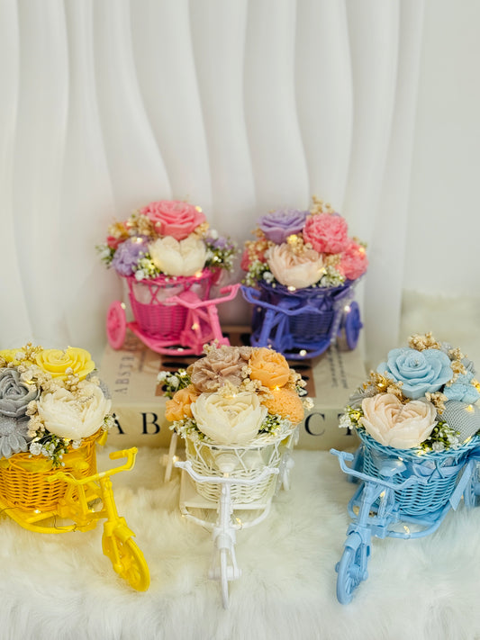 Elegant Candle Flower Bouquet in Mini Tricycle Basket Vase – Decorative Centerpiece & Storage Display