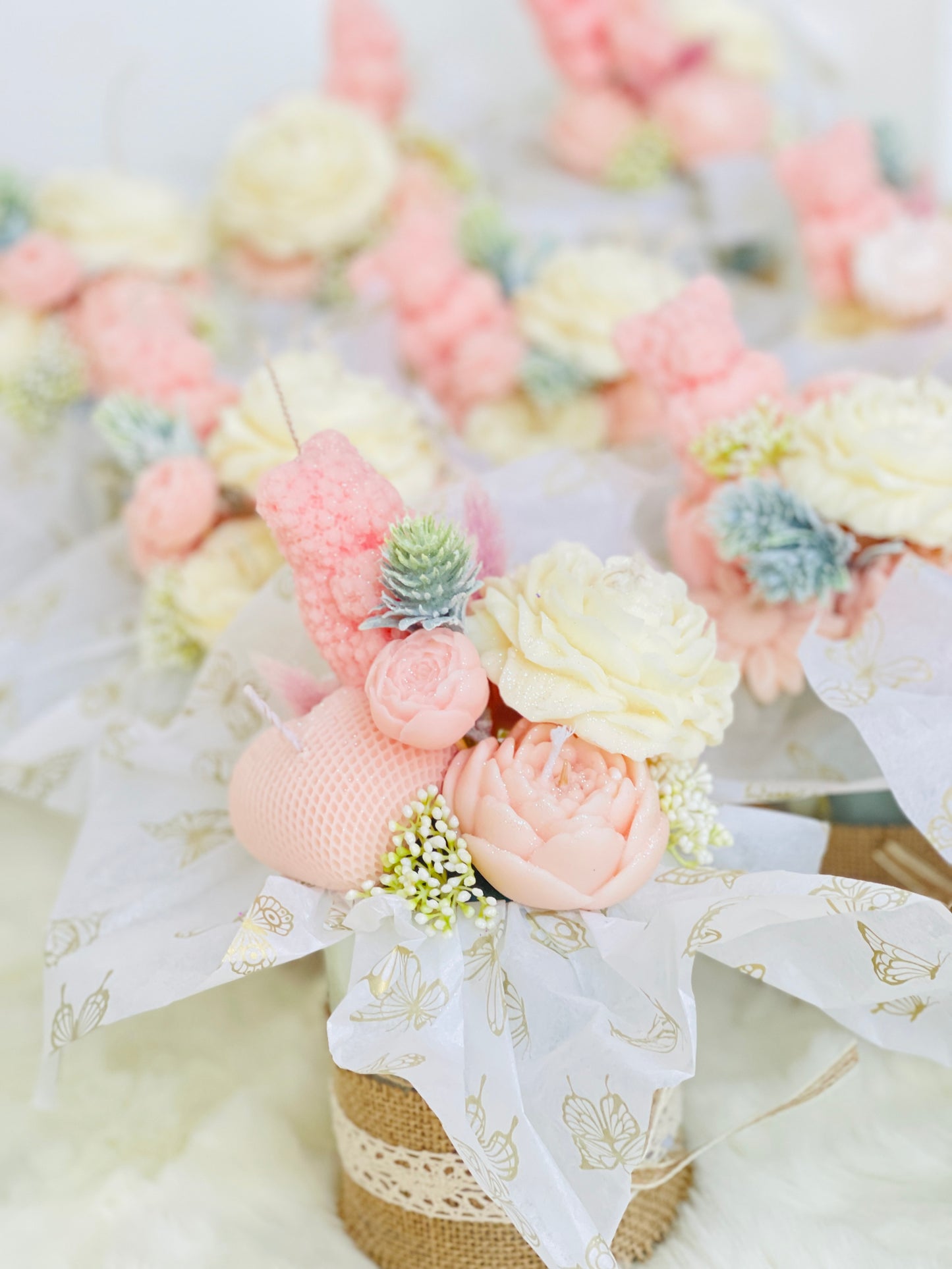 Handmade Soy Wax Pink Flower Candle Bouquet with Dried Flowers - Perfect Gift Idea