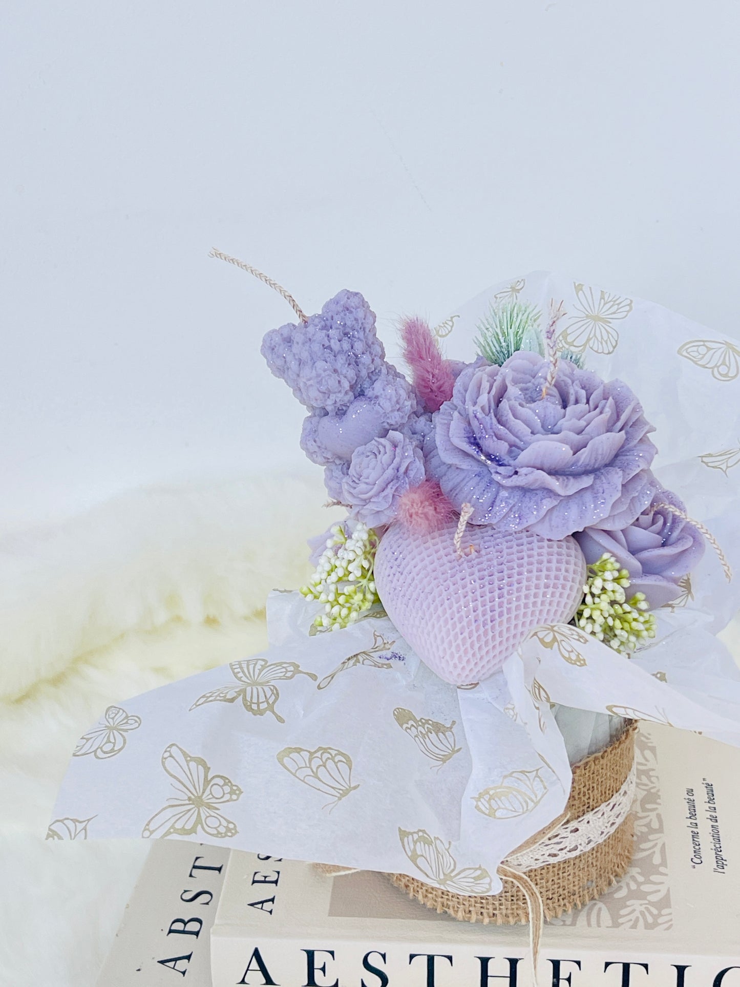 Handmade Soy Wax Purple Flower Candle Bouquet with Dried Flowers - Perfect Gift Idea