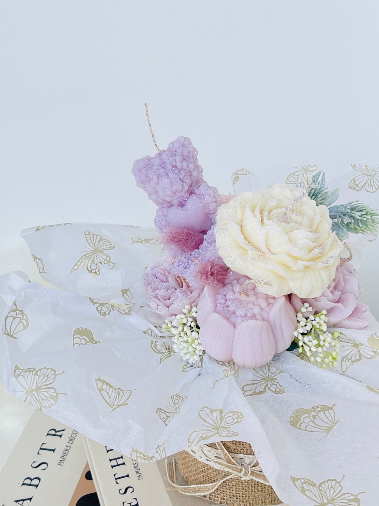 Handmade Soy Wax Purple Flower Candle Bouquet with Dried Flowers - Perfect Gift Idea