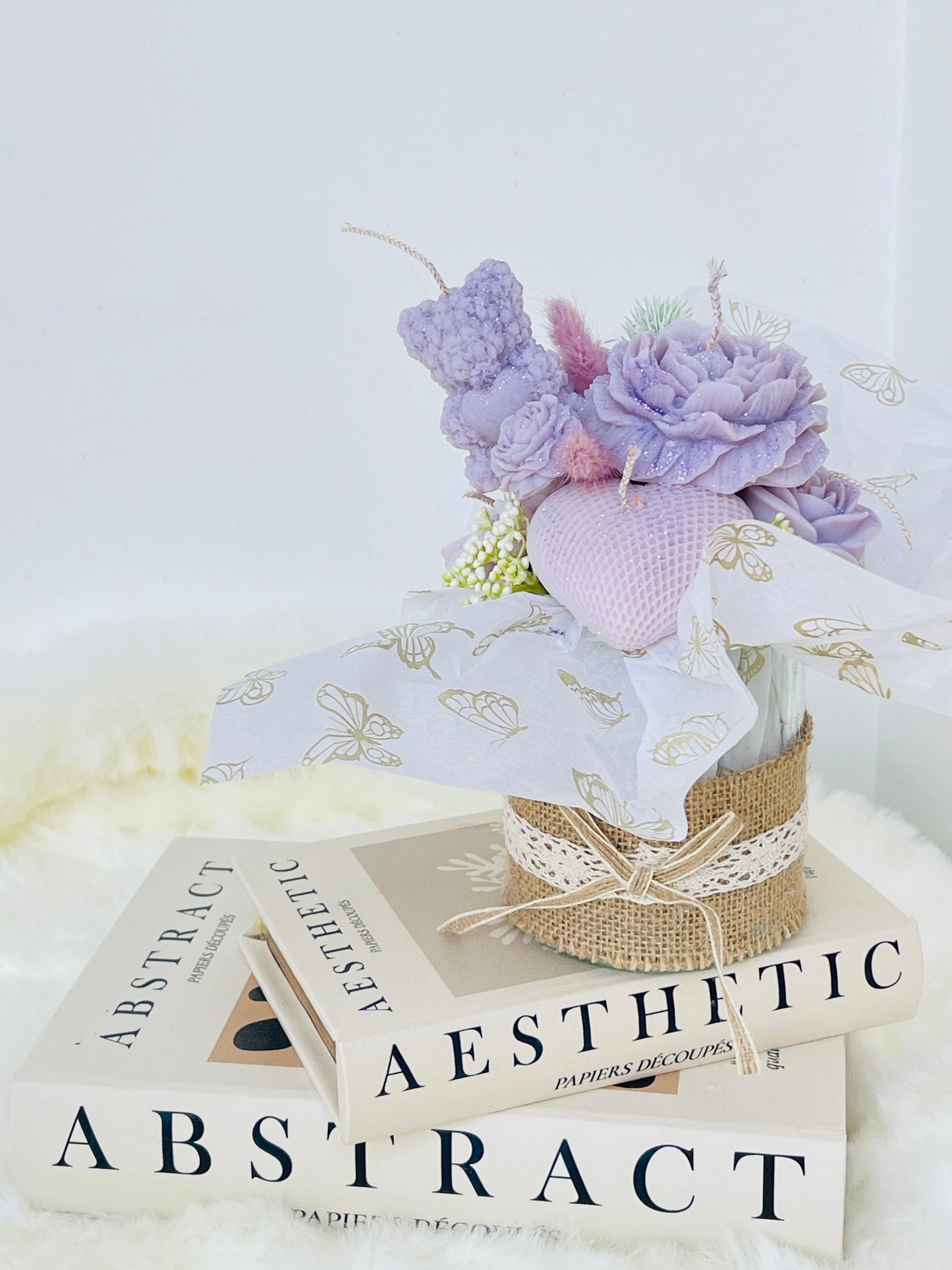 Handmade Soy Wax Purple Flower Candle Bouquet with Dried Flowers - Perfect Gift Idea