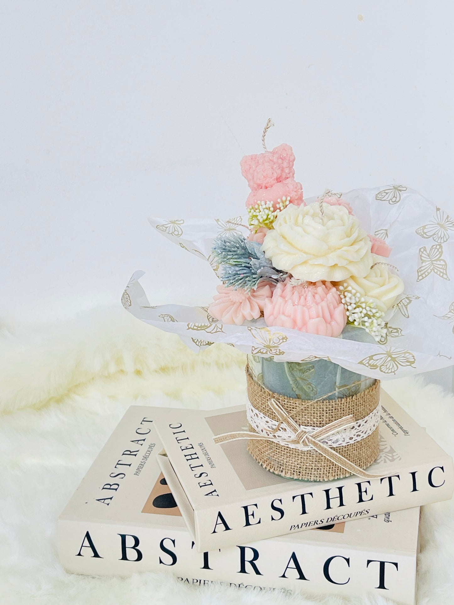 Handmade Soy Wax Pink Flower Candle Bouquet with Dried Flowers - Perfect Gift Idea